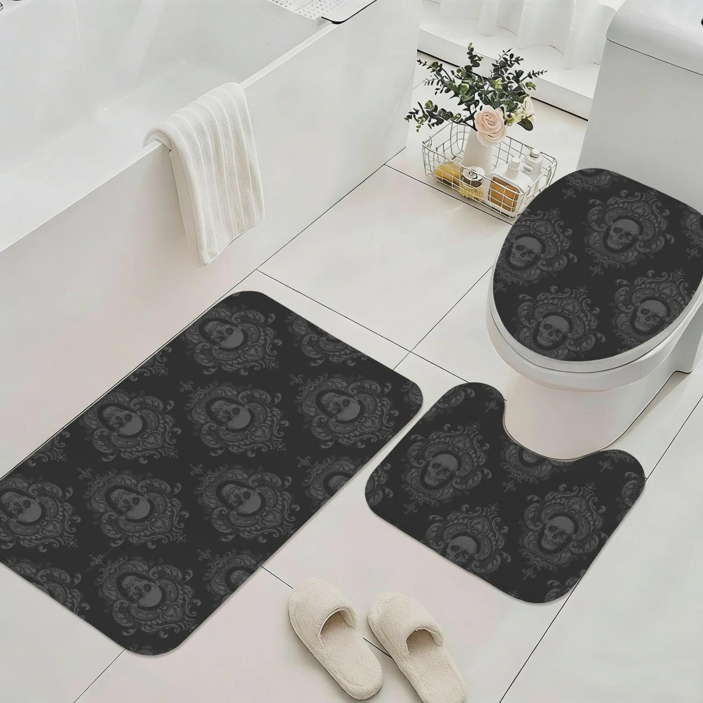 Gothic Skull Shower Curtain, Black Damask Victorian Bath Decor