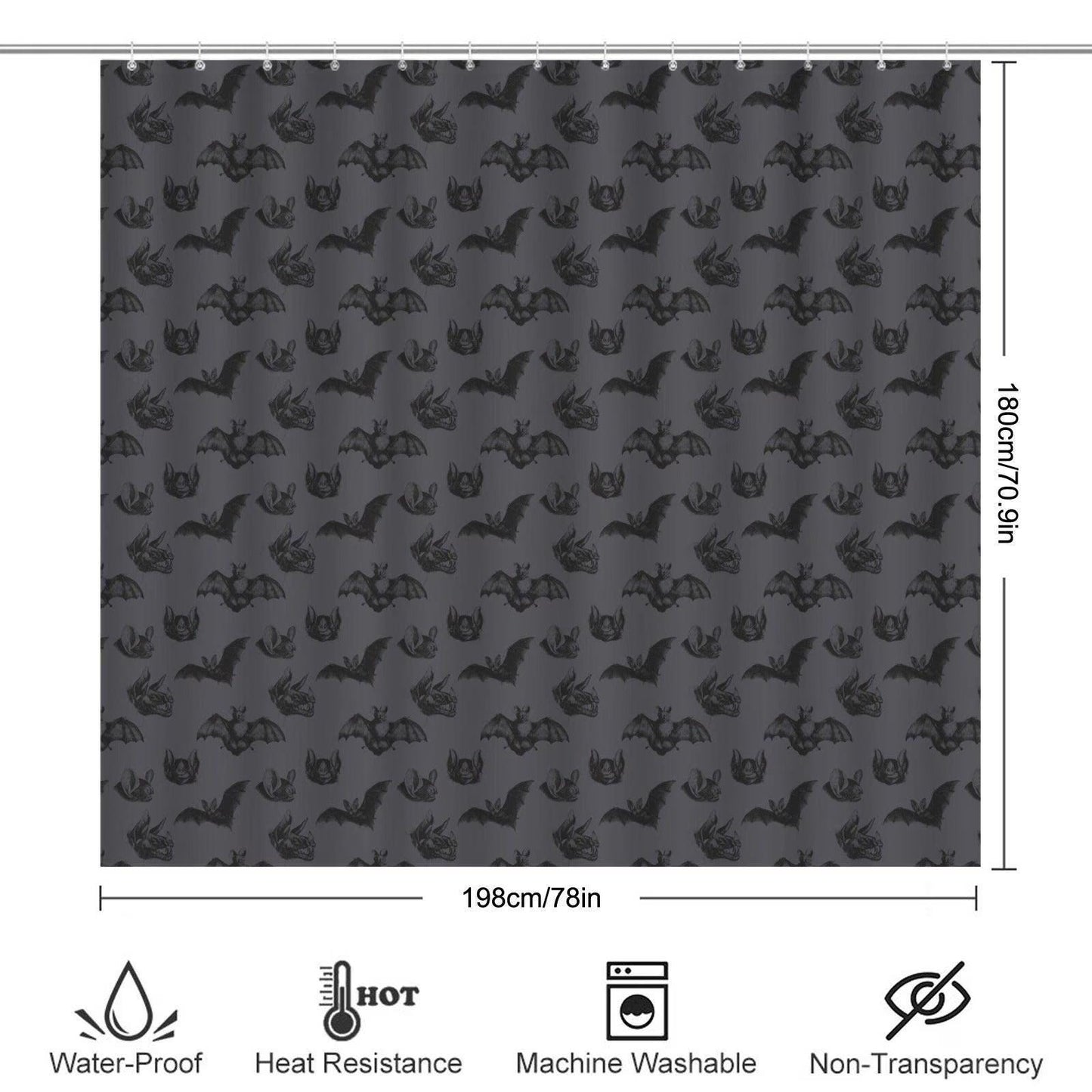 Halloween Bat Bathroom Rug Set, Charcoal Gray Spooky Toilet Trio, Gothic Bath Decor