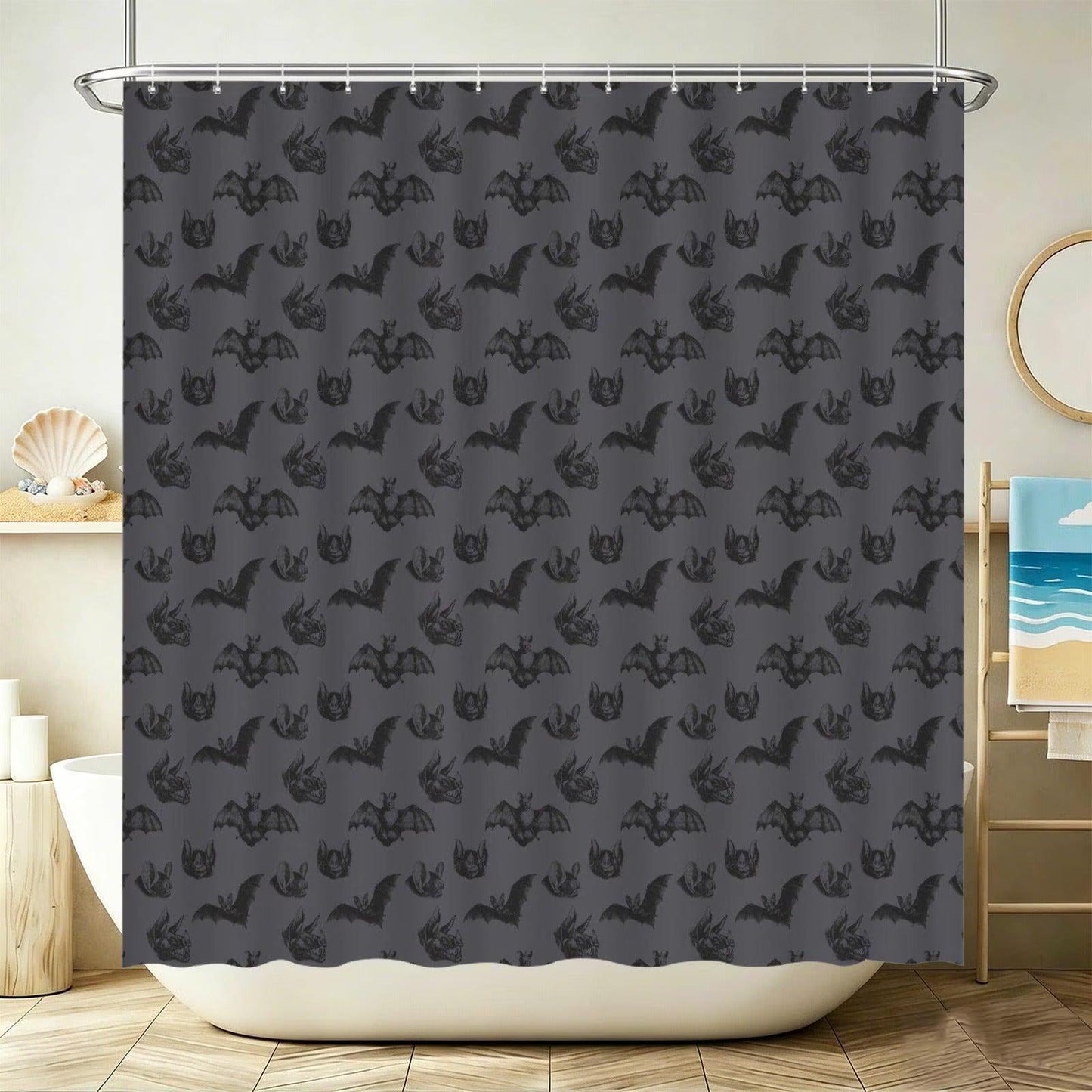 Halloween Bat Bathroom Rug Set, Charcoal Gray Spooky Toilet Trio, Gothic Bath Decor