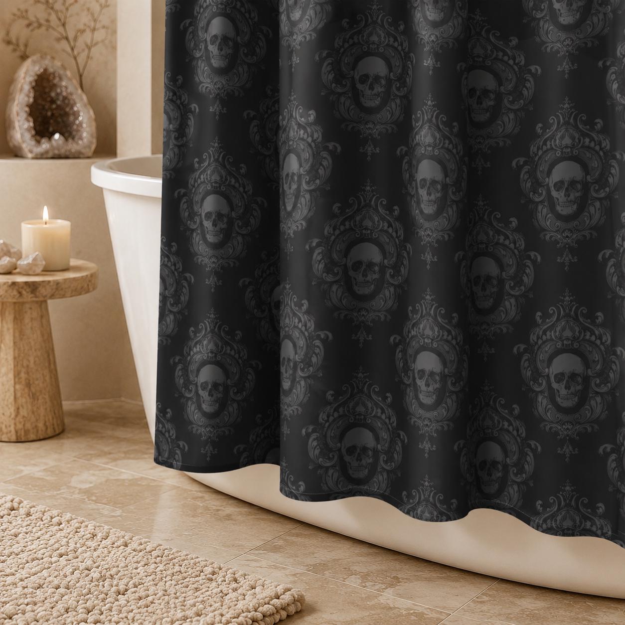 Gothic Skull Shower Curtain, Black Damask Victorian Bath Decor