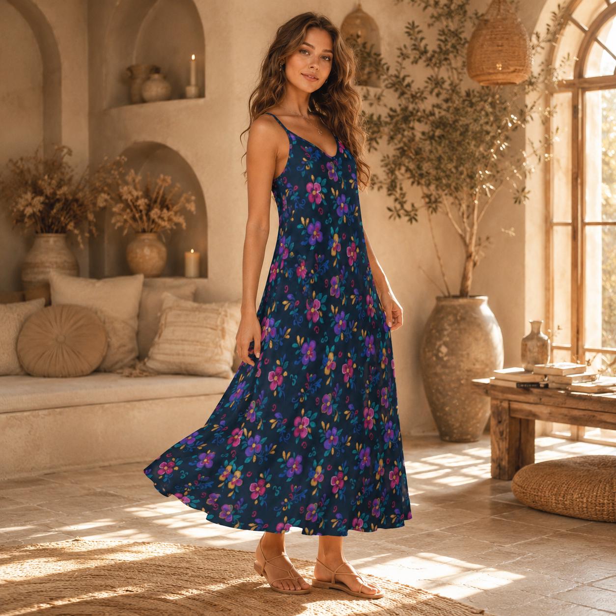 Folk Floral Maxi Dress, Boho Cami Sundress, Colorful Cottagecore Summer Dress