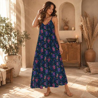 Folk Floral Maxi Dress, Boho Cami Sundress, Colorful Cottagecore Summer Dress