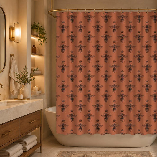 Terracotta Bee Shower Curtain, Vintage Honeybee Bathroom Decor, Cottagecore Insect Bath Curtain