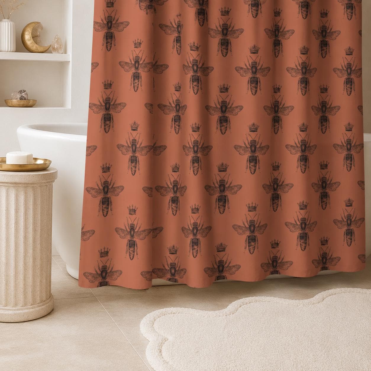 Terracotta Bee Shower Curtain, Vintage Honeybee Bathroom Decor, Cottagecore Insect Bath Curtain
