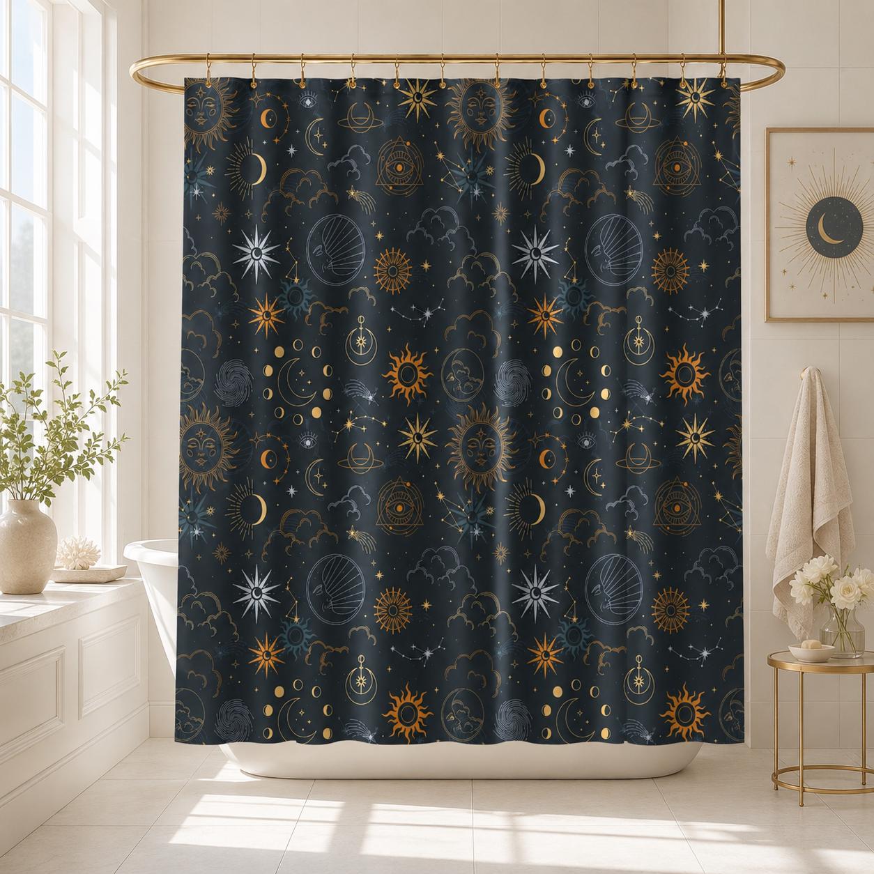 Celestial Sun Moon Shower Curtain, Navy Gold Stars Mystic Bathroom Decor