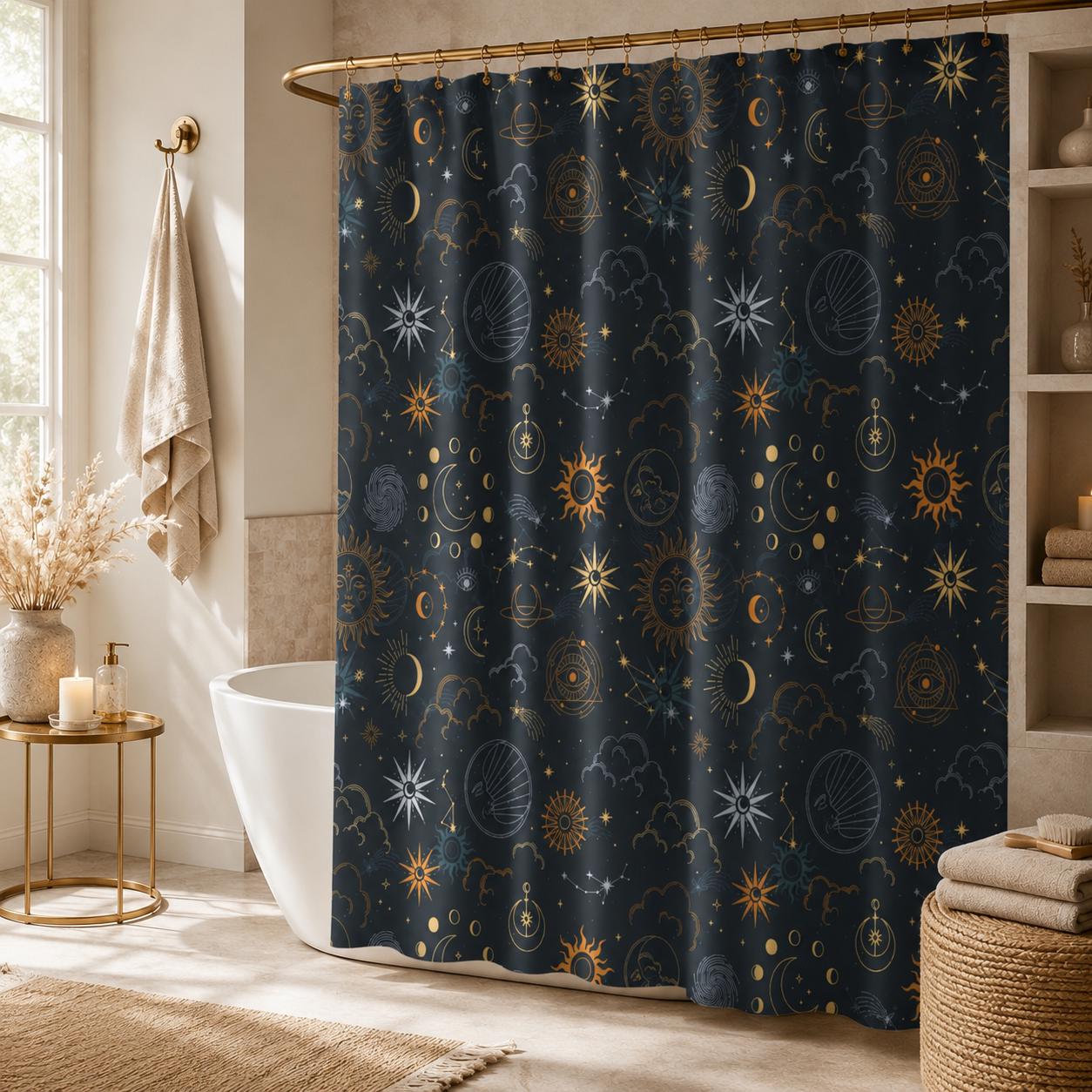 Celestial Sun Moon Shower Curtain, Navy Gold Stars Mystic Bathroom Decor