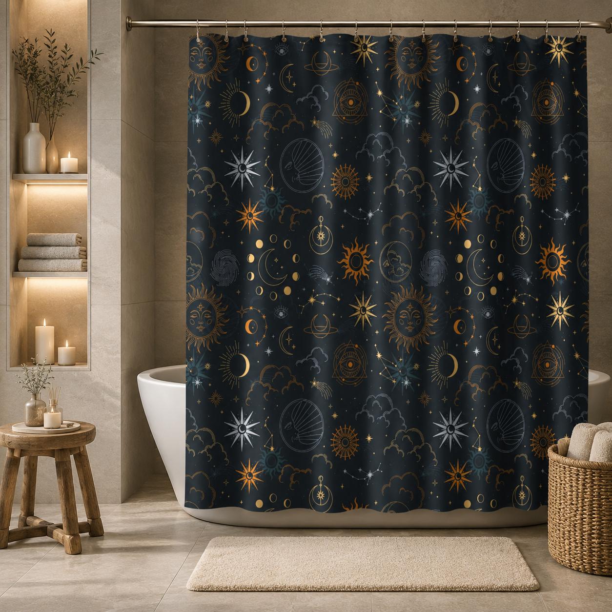 Celestial Sun Moon Shower Curtain, Navy Gold Stars Mystic Bathroom Decor