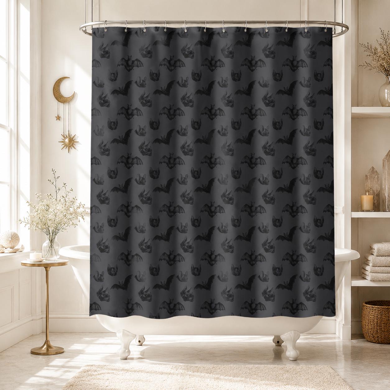 Bat Shower Curtain, Gothic Bathroom Curtain in Charcoal Gray, Dark Academia Halloween Bath Decor
