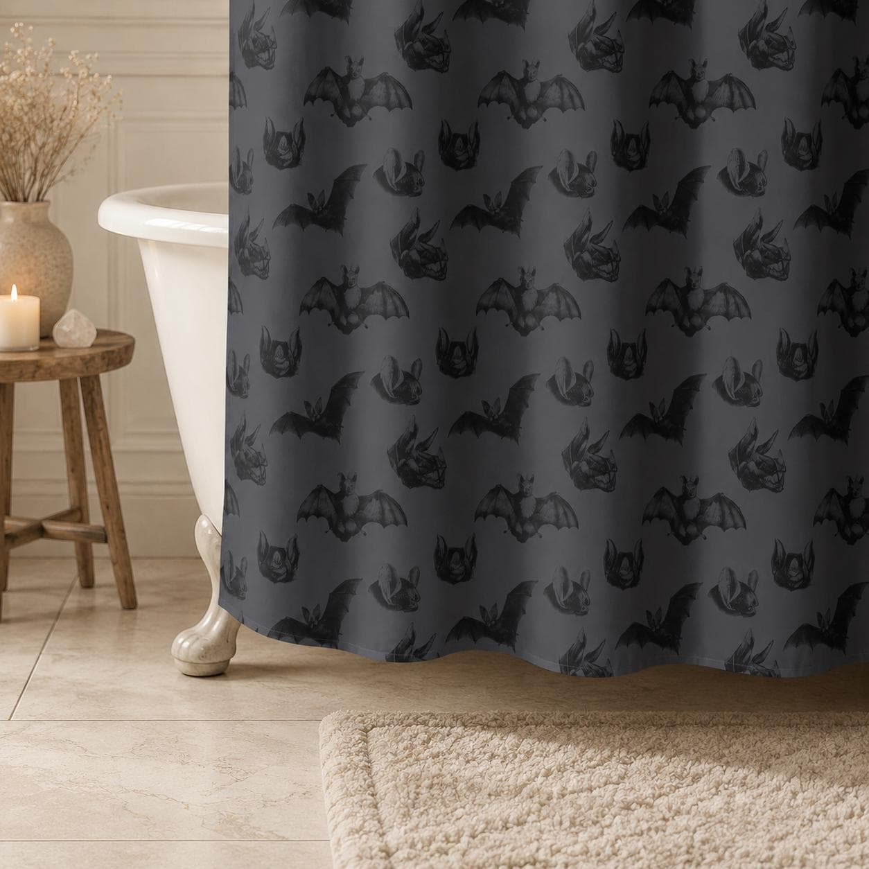 Bat Shower Curtain, Gothic Bathroom Curtain in Charcoal Gray, Dark Academia Halloween Bath Decor