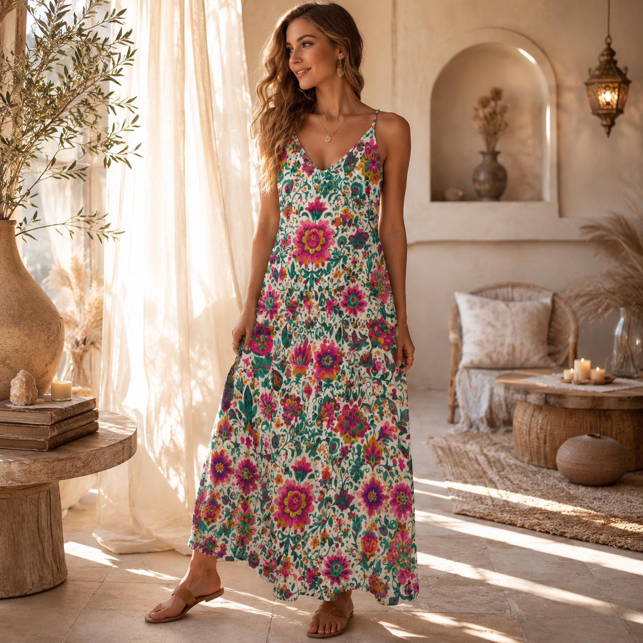 Boho Floral Maxi Dress for Vacation, Folk Art Sundress in Bright Summer Print