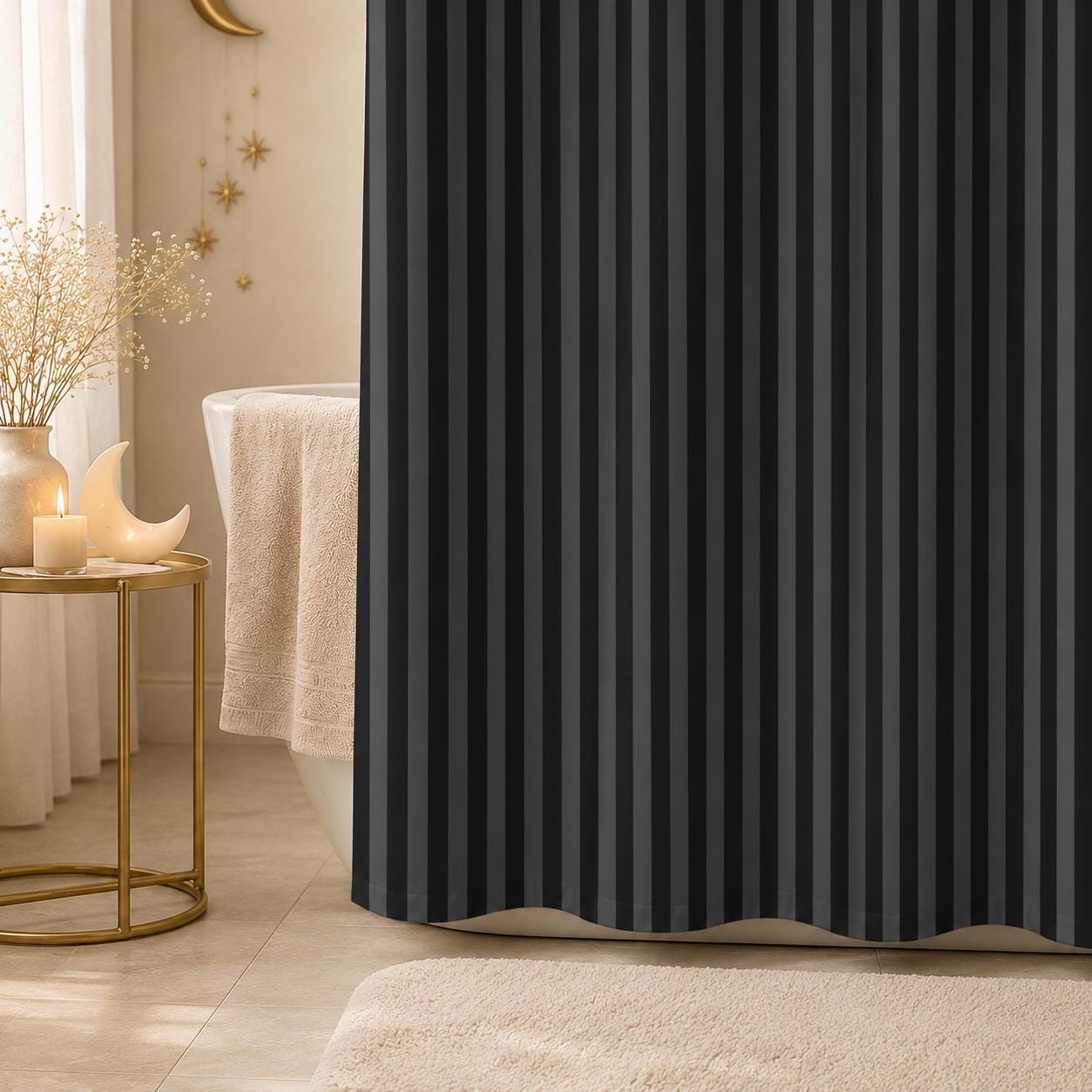 Black Vertical Stripe Shower Curtain, Moody Gothic Bathroom Decor
