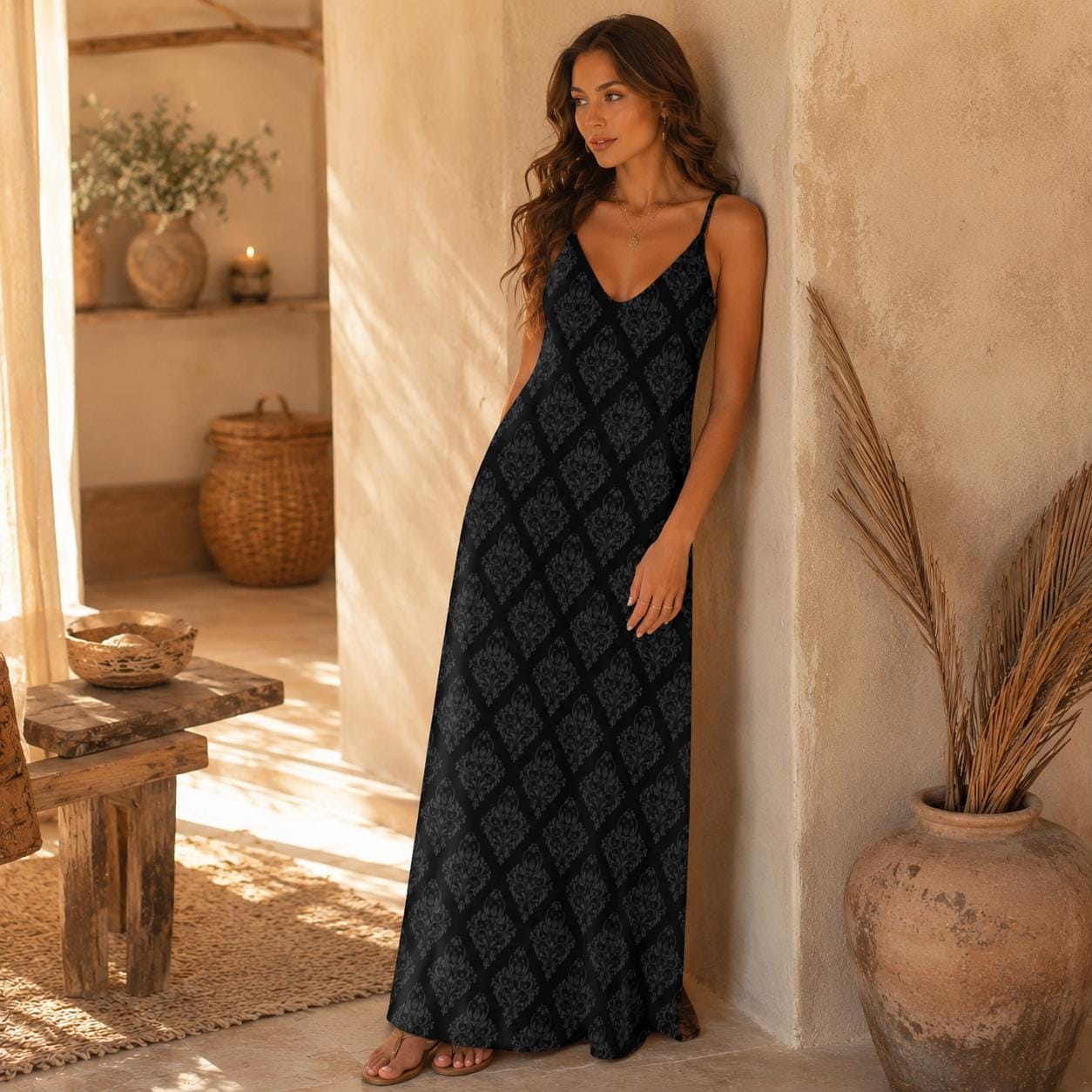 Black Damask Maxi Dress, Dark Academia Slip Dress, Gothic Cami Sundress