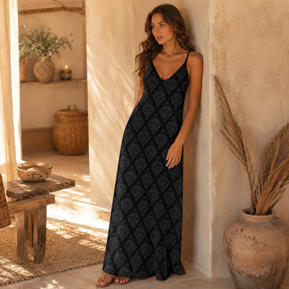 Black Damask Maxi Dress, Dark Academia Slip Dress, Gothic Cami Sundress