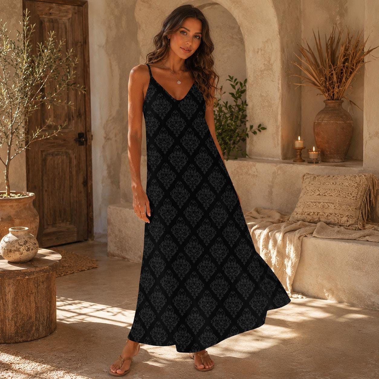 Black Damask Maxi Dress, Dark Academia Slip Dress, Gothic Cami Sundress