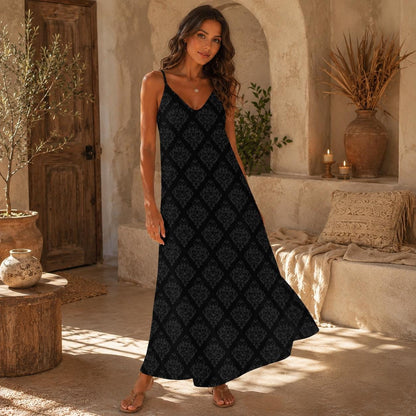 Black Damask Maxi Dress, Dark Academia Slip Dress, Gothic Cami Sundress