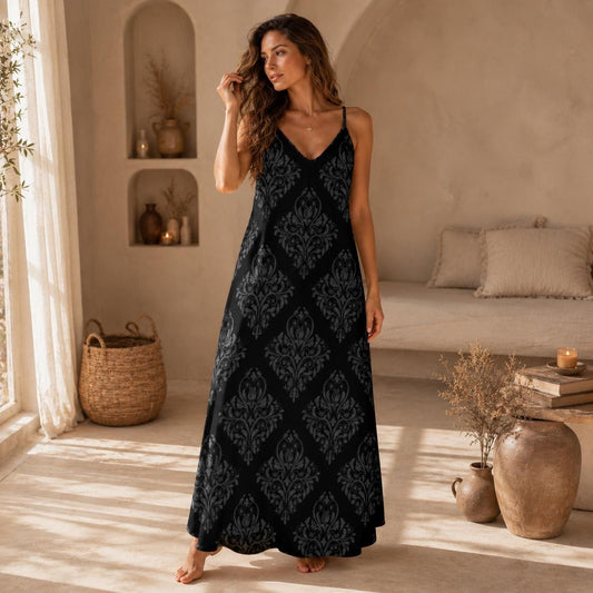 Black Damask Maxi Slip Dress, Gothic Baroque Spaghetti Strap, Elegant Dark Romantic Summer Clothing