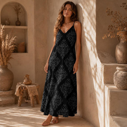 Black Damask Maxi Slip Dress, Gothic Baroque Spaghetti Strap, Elegant Dark Romantic Summer Clothing