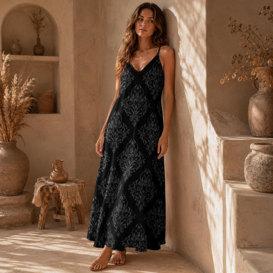 Black Damask Maxi Slip Dress, Gothic Baroque Spaghetti Strap, Elegant Dark Romantic Summer Clothing