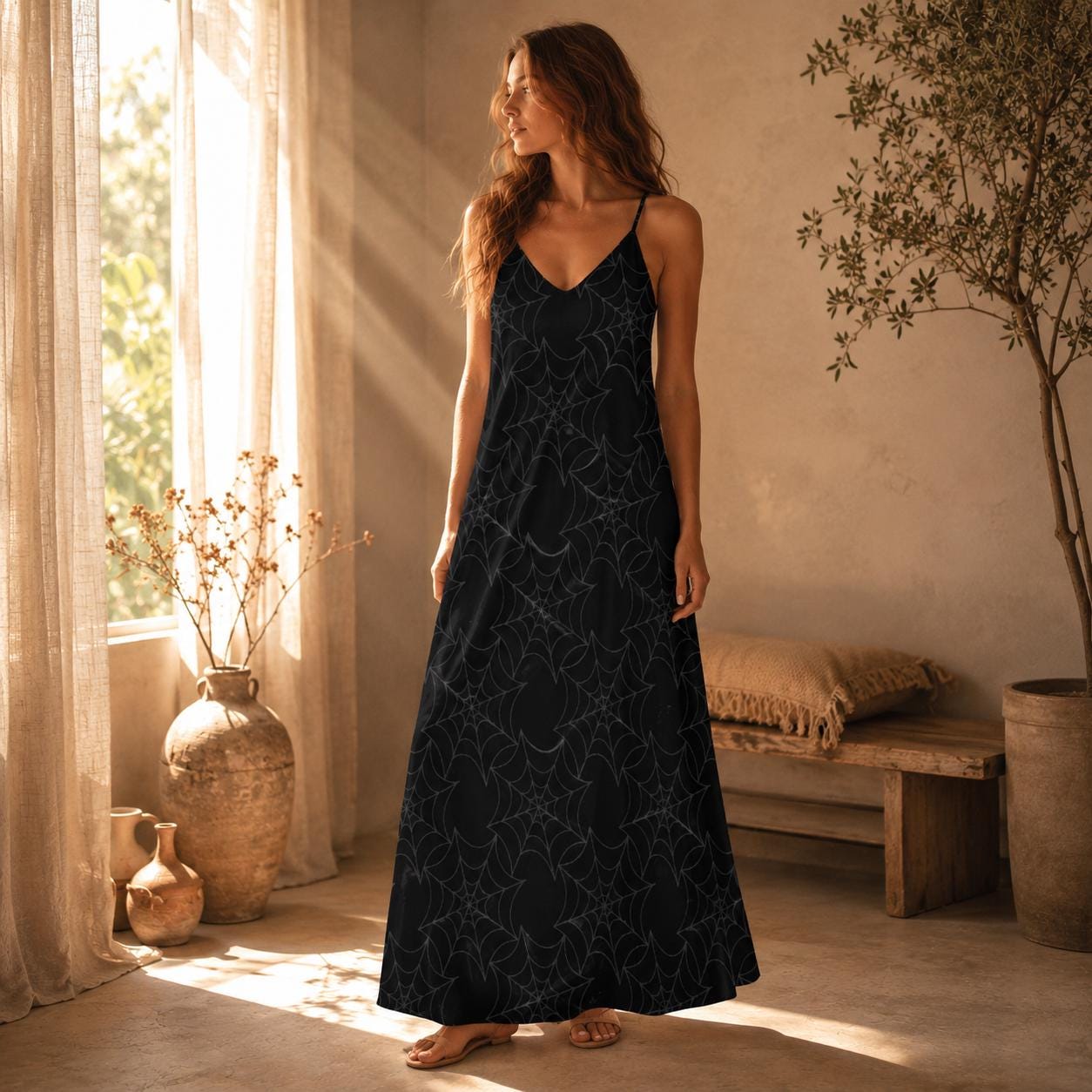 Spiderweb Maxi Dress, Black Cami Sundress, Cottage Goth Summer Dress