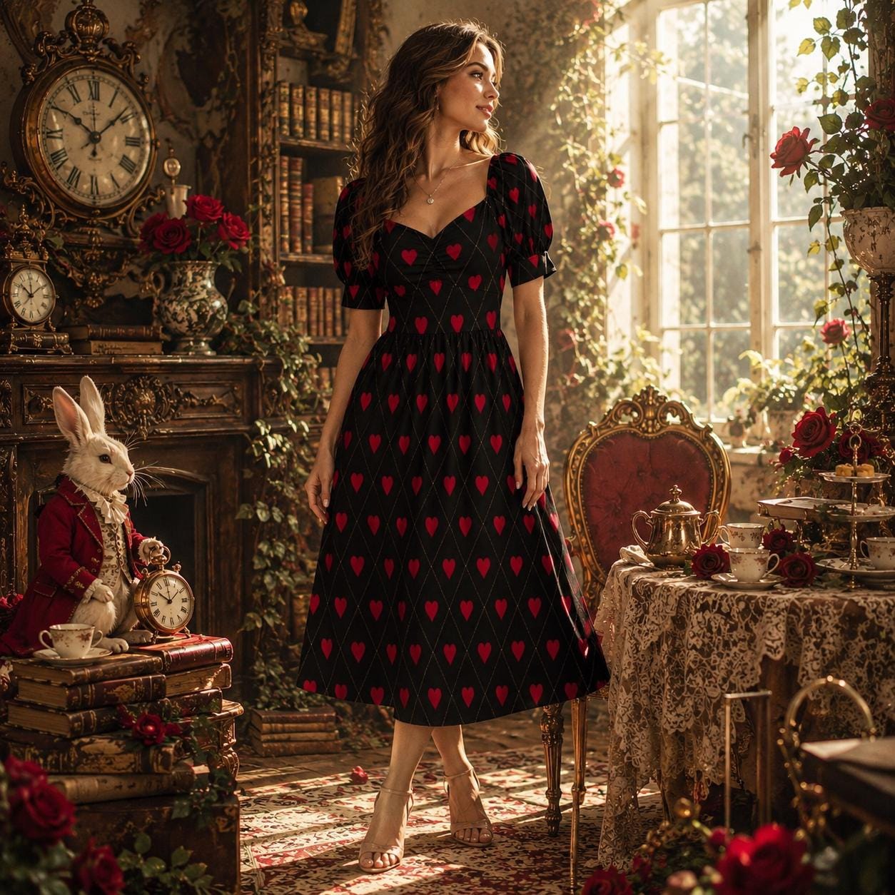 Gothic Valentine Dress Black Red Heart Print Puff Sleeve Midi Dress