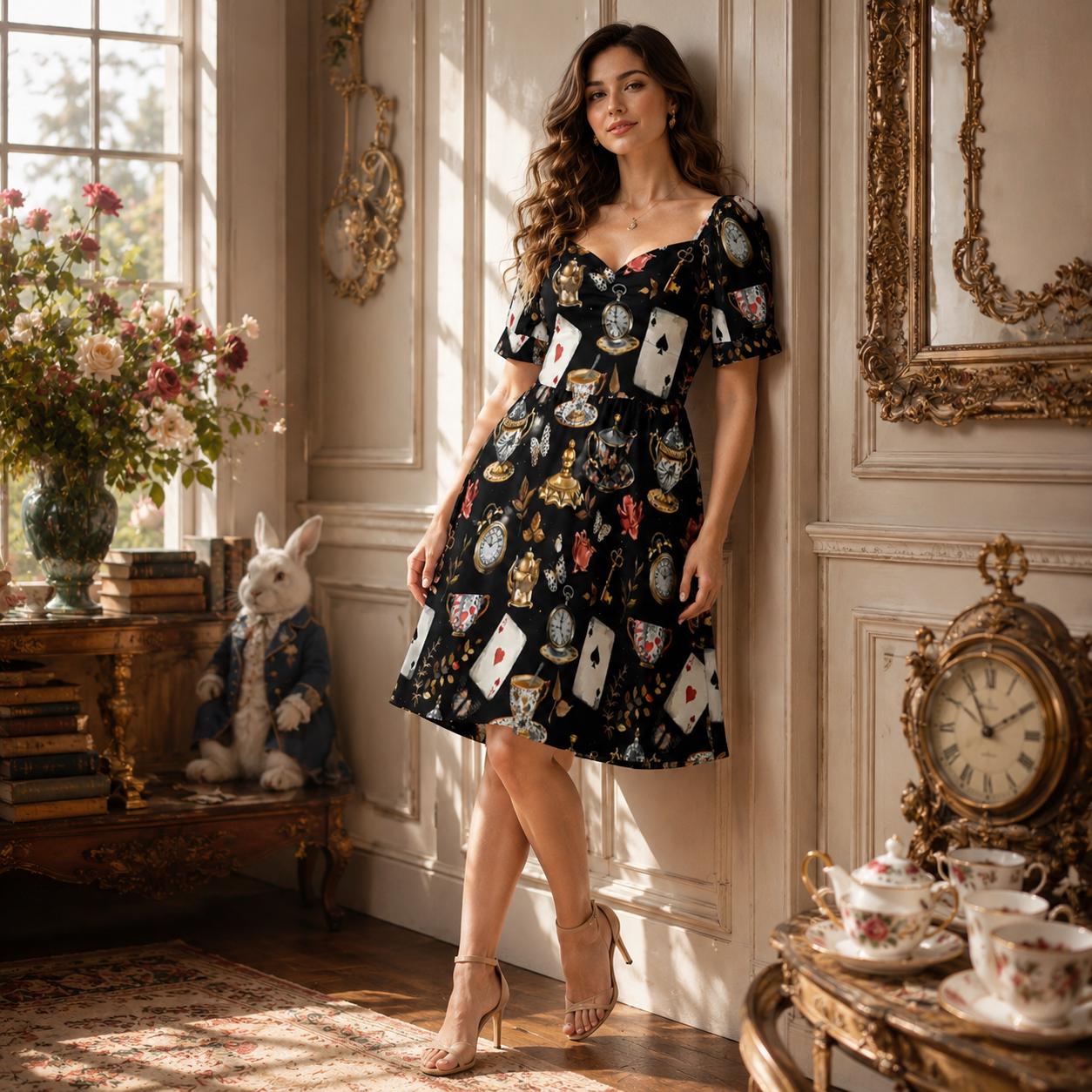 Storybook Tea Party Dress, Playing Card Clock Print, Sweetheart Puff Sleeve Brunch Outfit