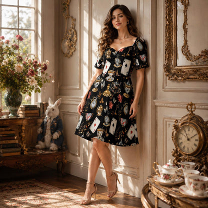 Storybook Tea Party Dress, Playing Card Clock Print, Sweetheart Puff Sleeve Brunch Outfit