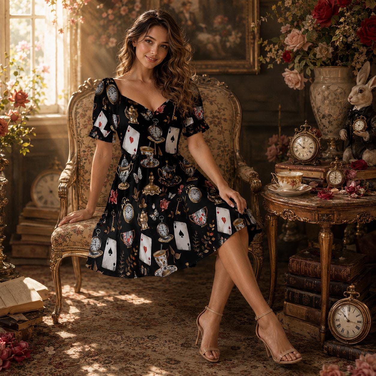 Storybook Tea Party Dress, Playing Card Clock Print, Sweetheart Puff Sleeve Brunch Outfit