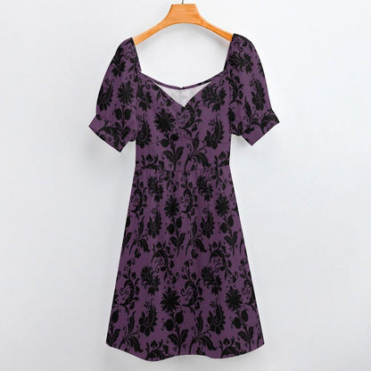 Plum floral midi dress, vintage-inspired puff sleeve dress, sweetheart neckline, romantic fall party outfit