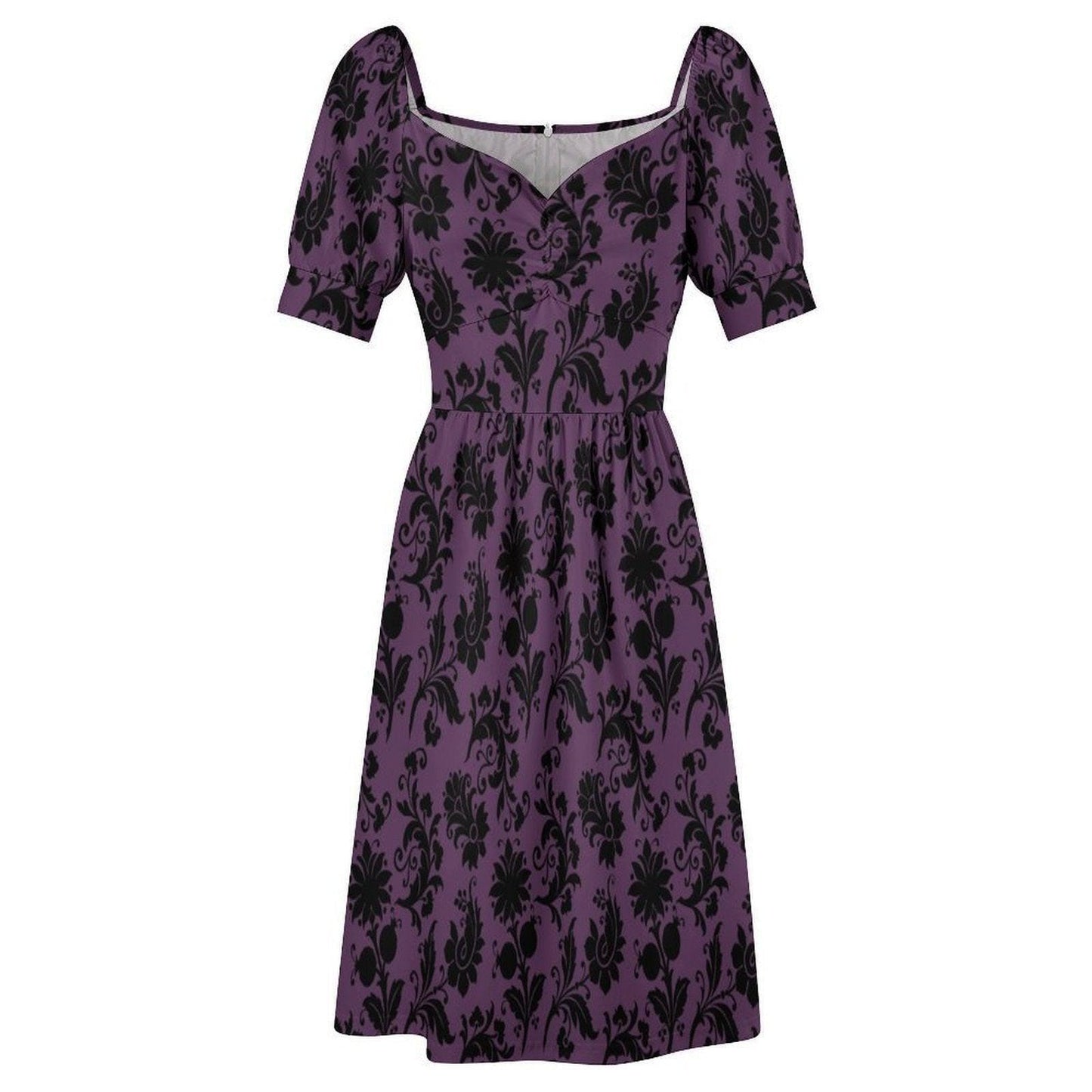 Plum floral midi dress, vintage-inspired puff sleeve dress, sweetheart neckline, romantic fall party outfit