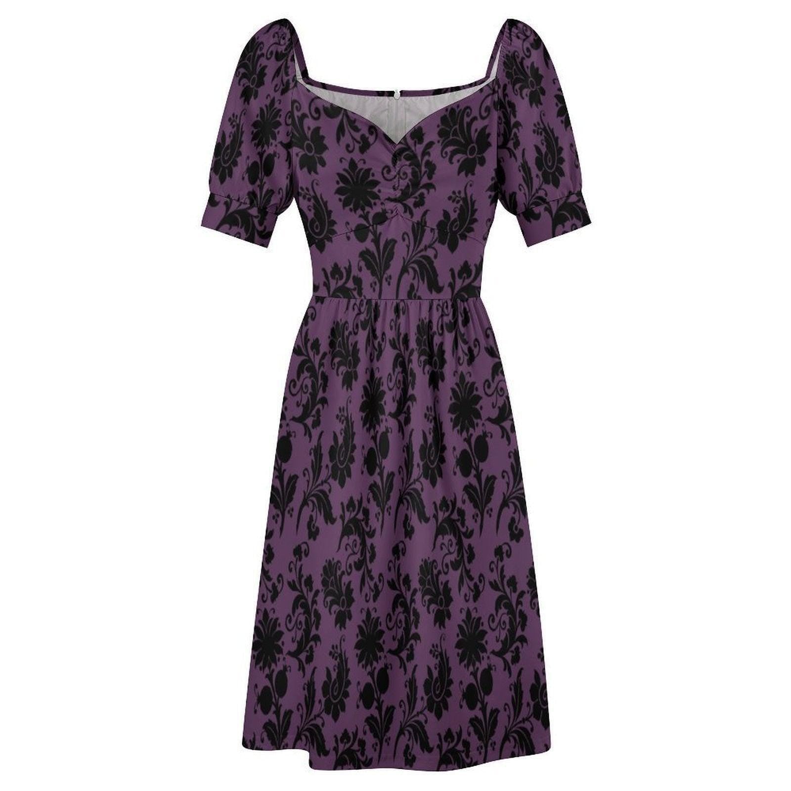 Plum floral midi dress, vintage-inspired puff sleeve dress, sweetheart neckline, romantic fall party outfit