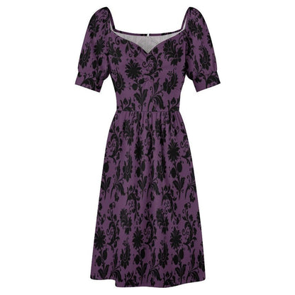 Plum floral midi dress, vintage-inspired puff sleeve dress, sweetheart neckline, romantic fall party outfit