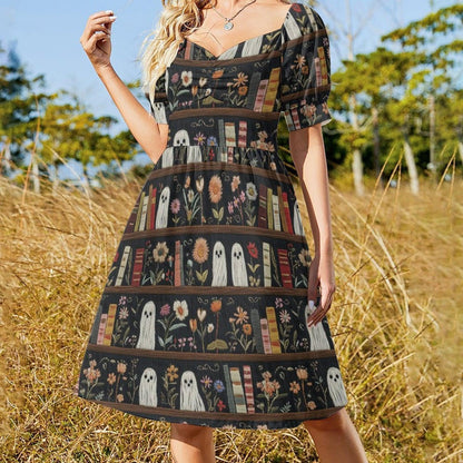 Haunted Bookshelf Midi Dress, Ghost Floral Book Lover, Spooky Library Sweetheart Style