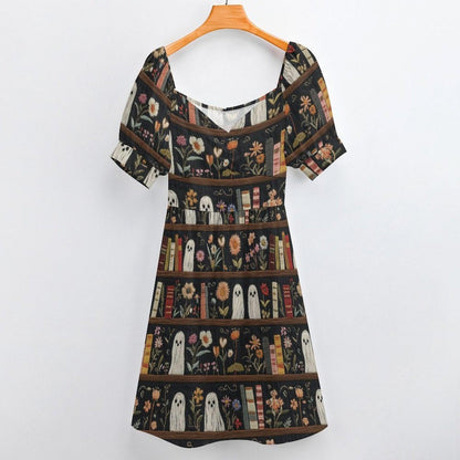 Haunted Bookshelf Midi Dress, Ghost Floral Book Lover, Spooky Library Sweetheart Style
