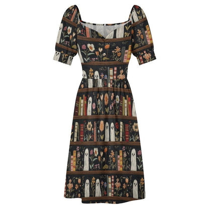 Haunted Bookshelf Midi Dress, Ghost Floral Book Lover, Spooky Library Sweetheart Style
