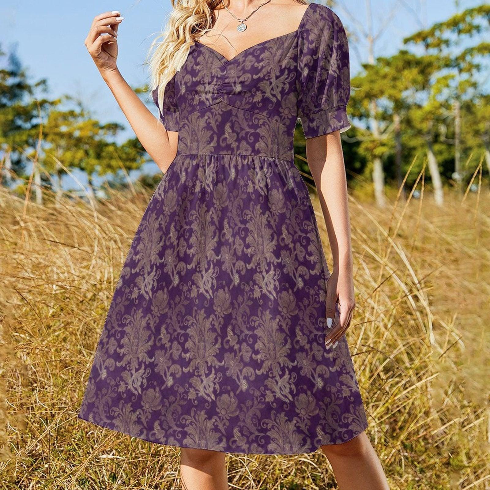 Purple Baroque Damask Fit and Flare Midi Dress