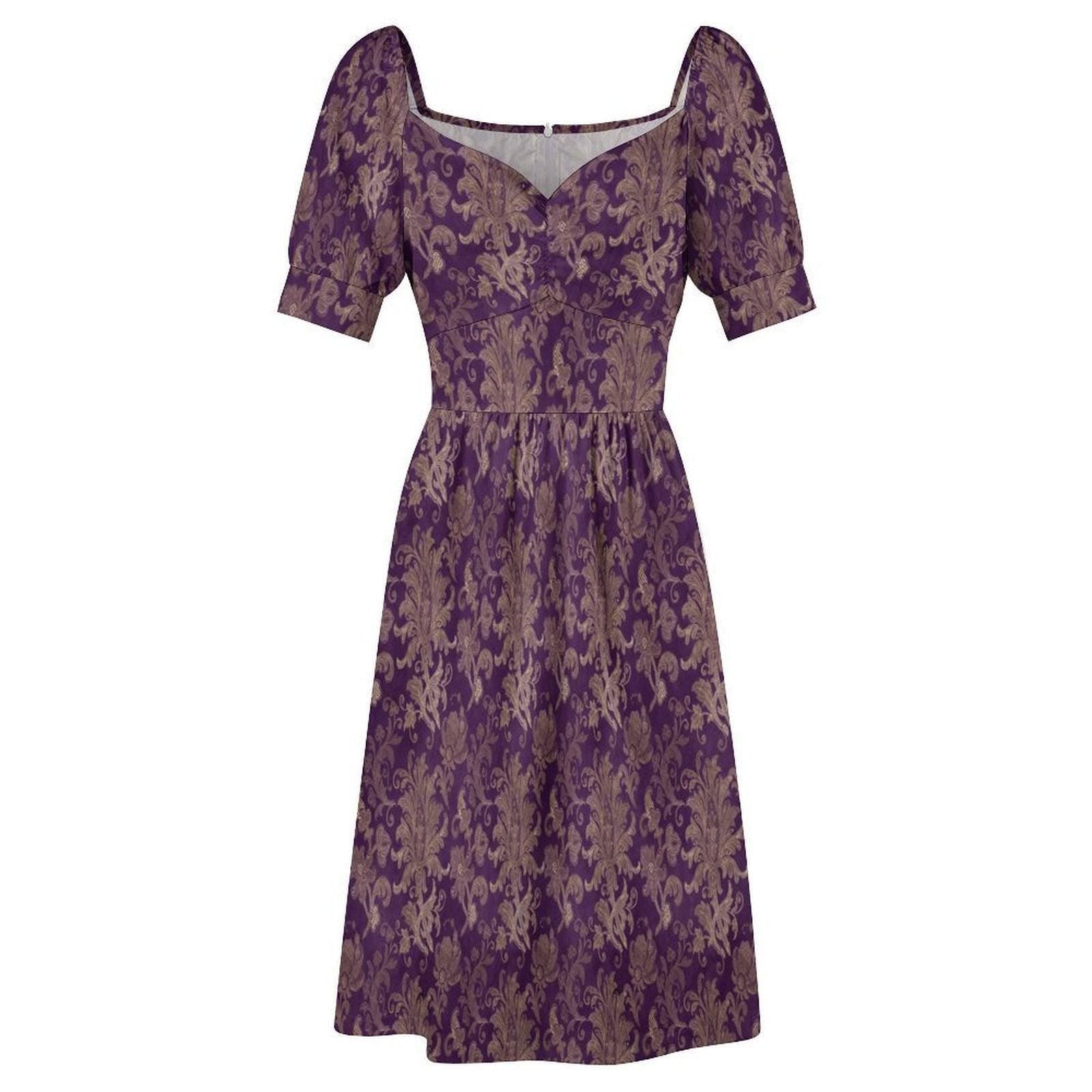 Purple Baroque Damask Fit and Flare Midi Dress