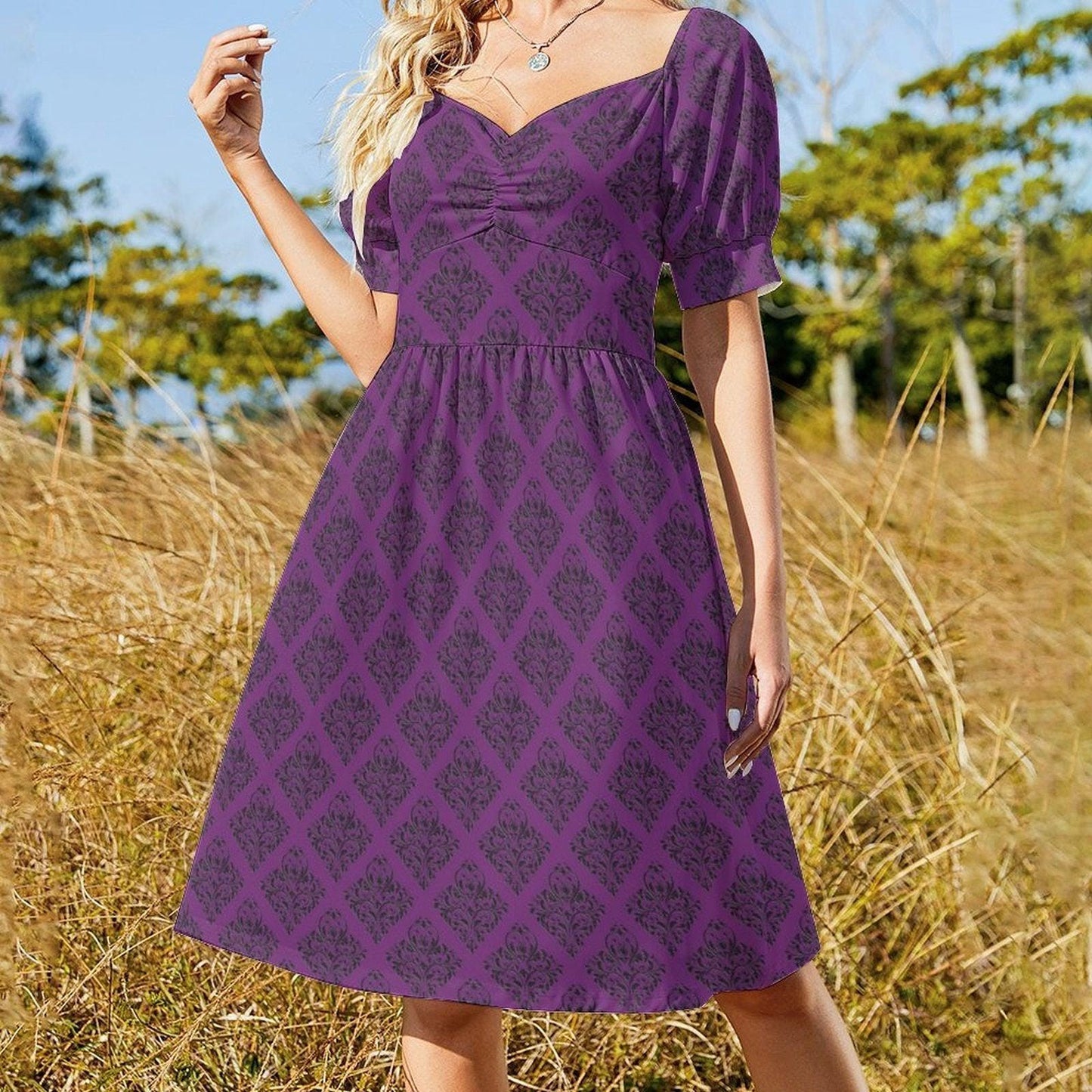 Dark Purple Midi Dress with Black Damask Print