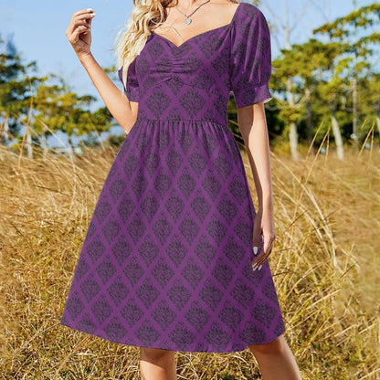 Dark Purple Midi Dress with Black Damask Print