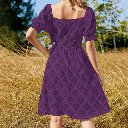 Dark Purple Midi Dress with Black Damask Print