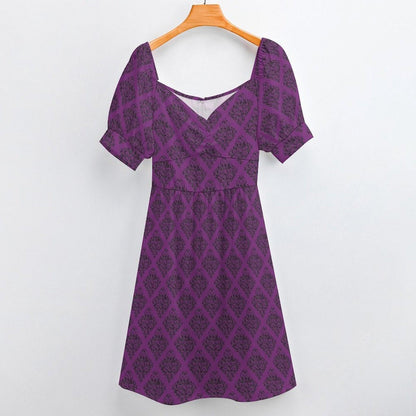 Dark Purple Midi Dress with Black Damask Print