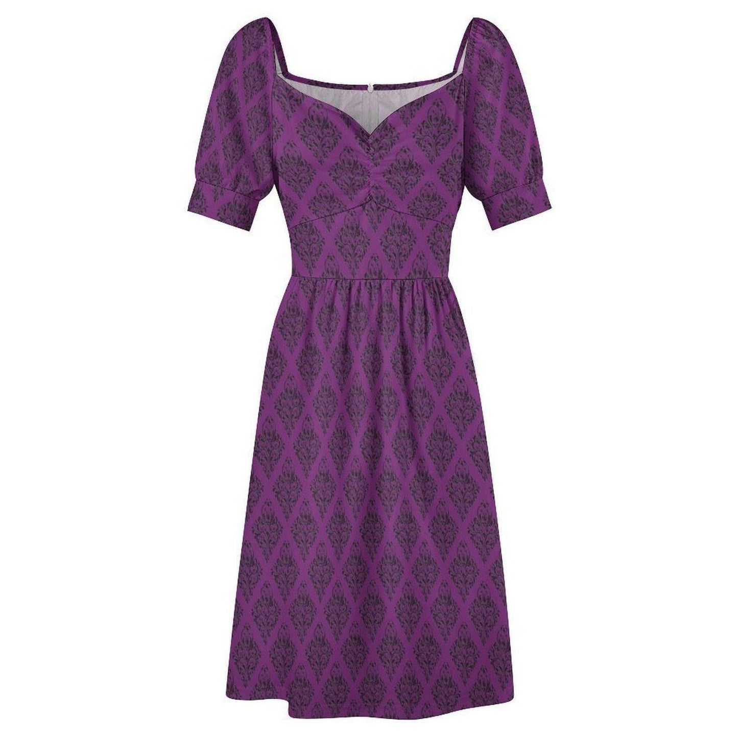 Dark Purple Midi Dress with Black Damask Print
