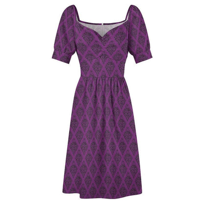 Dark Purple Midi Dress with Black Damask Print