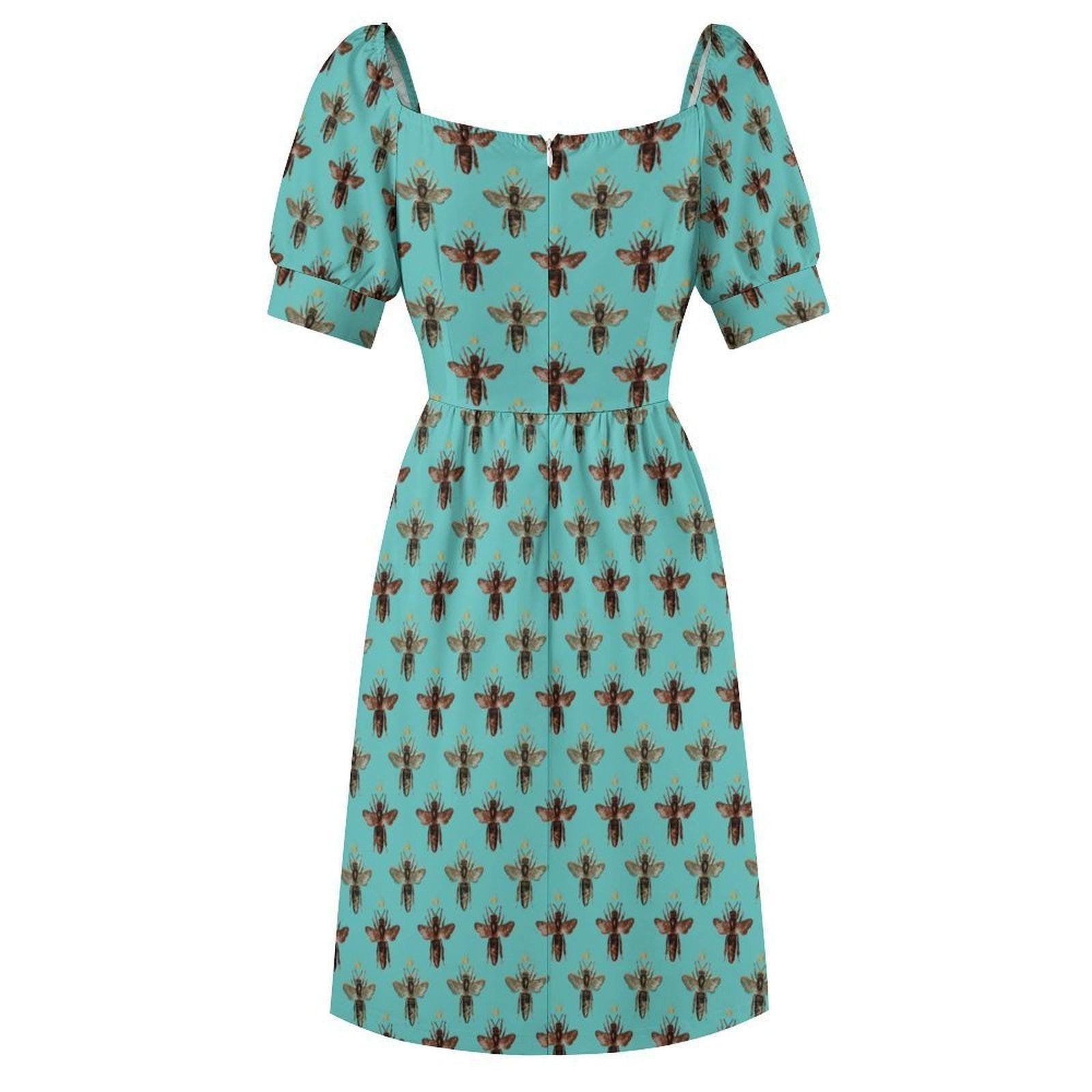 Aqua Honey Bee Print Midi Dress