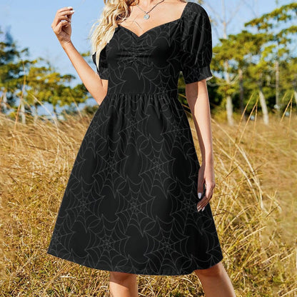 Gothic Spiderweb Puff Sleeve Dress, Spooky Halloween Cottagecore Outfit