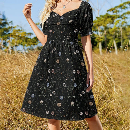 Black Floral Sweetheart Midi Dress