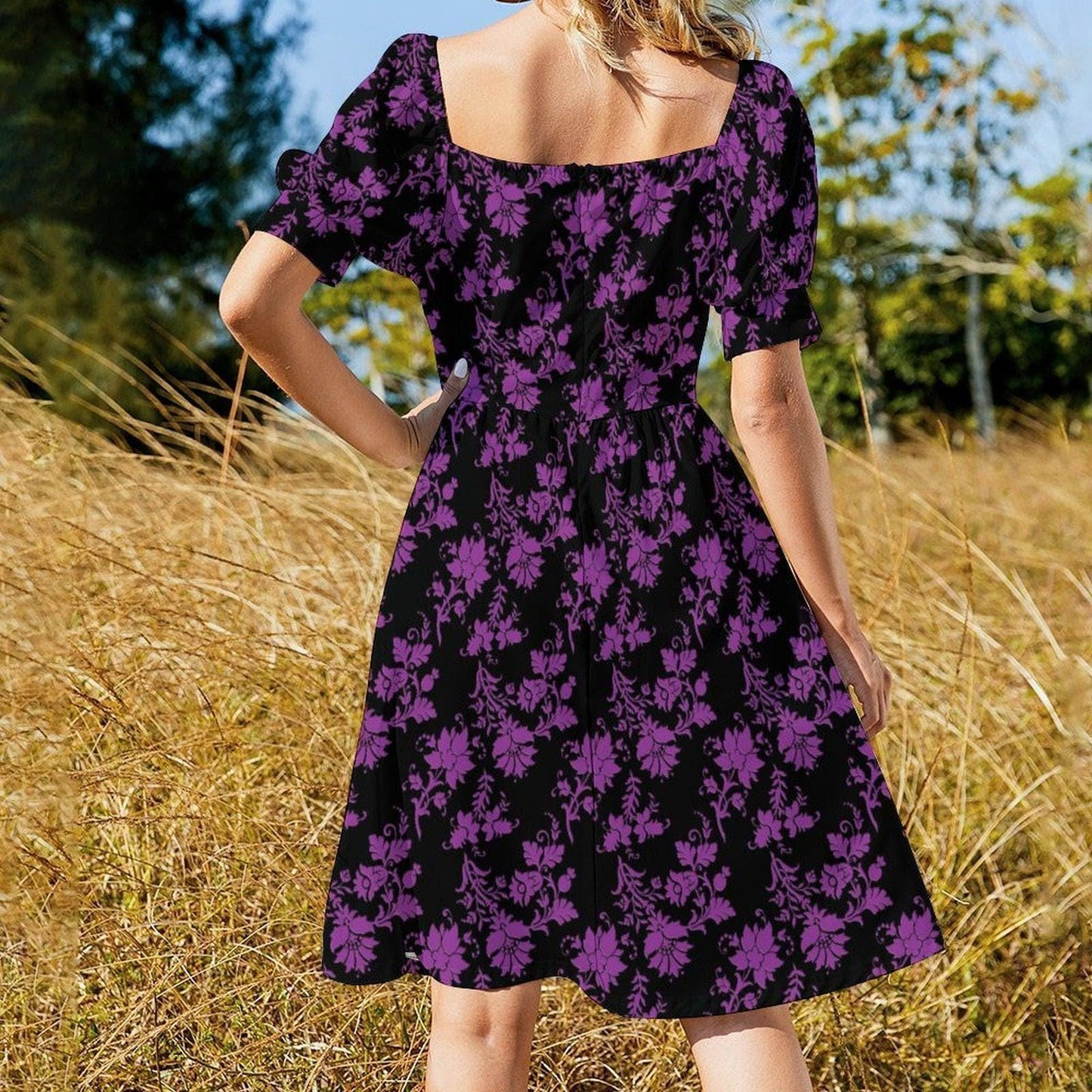 Black Purple Damask Skater Dress