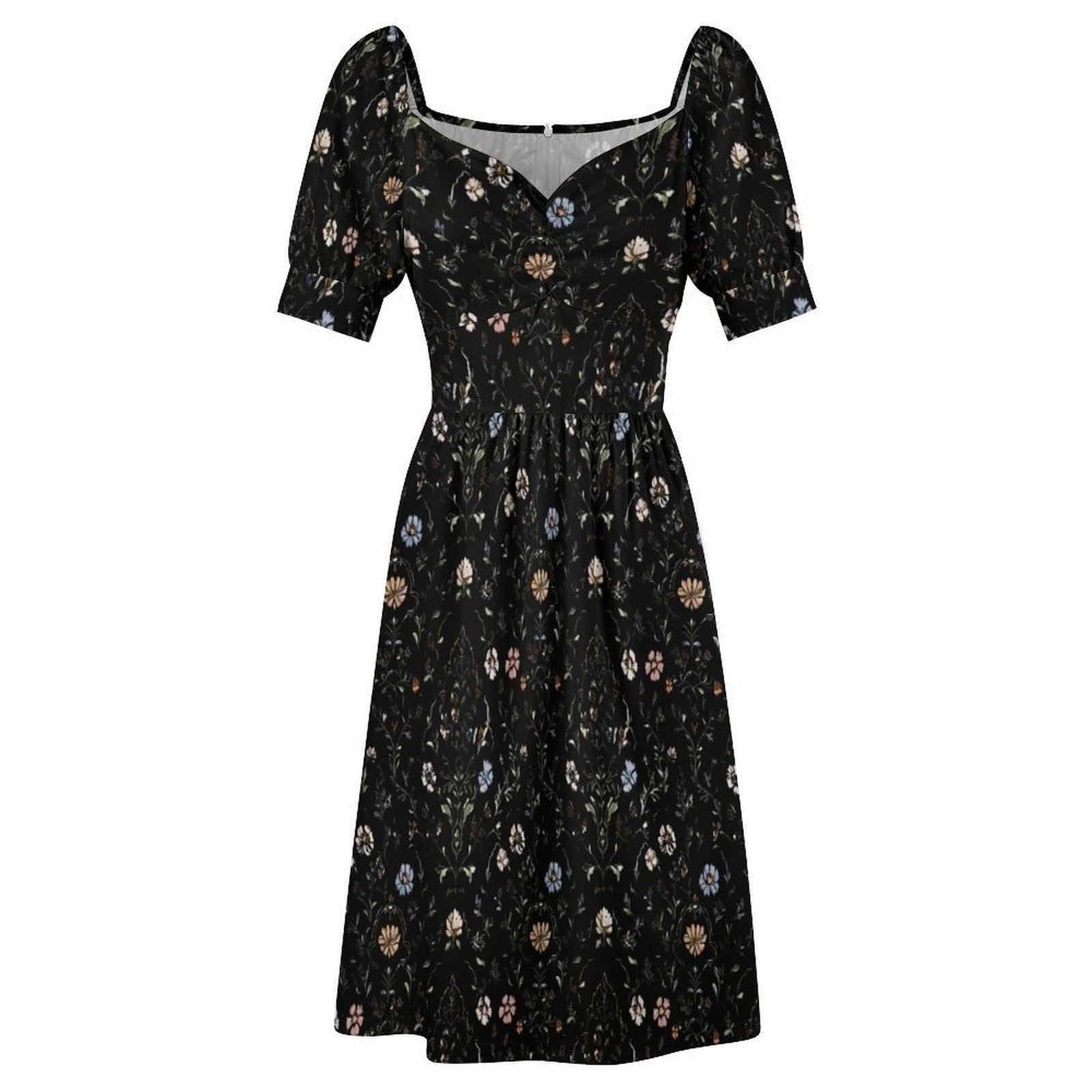 Black Floral Sweetheart Midi Dress