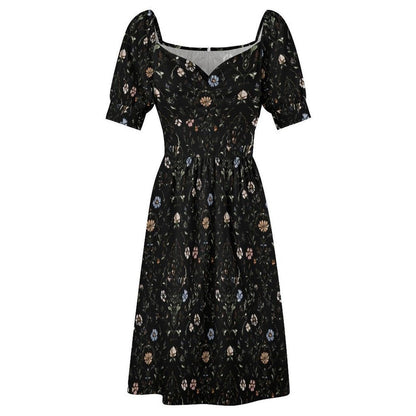 Black Floral Sweetheart Midi Dress