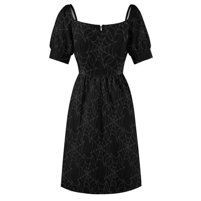 Gothic Spiderweb Puff Sleeve Dress, Spooky Halloween Cottagecore Outfit