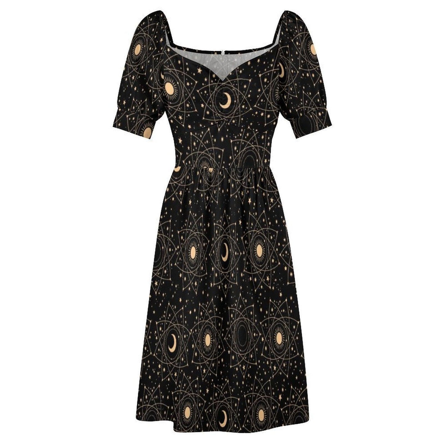 Celestial Moon Print Puff Sleeve Black Sundress